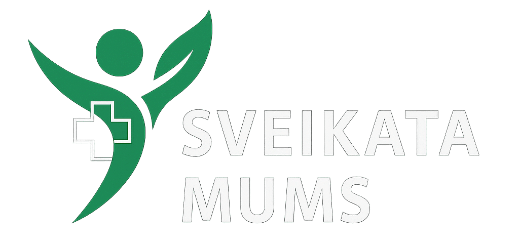 Sveikata Mums logotipas – žmogaus figūra su kryžiumi ir lapu, simbolizuojantis sveikatą ir rūpestį senjorais